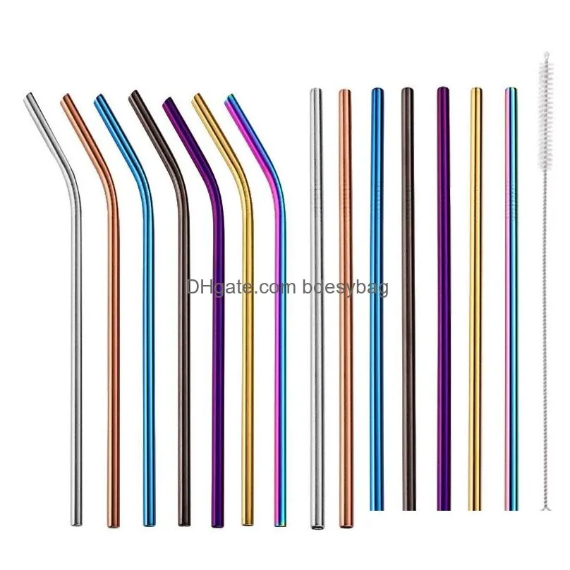 6x241mm colorful stainless steel straws reusable straight and bent metal drinking straw cleaning brush for home kitchen bar