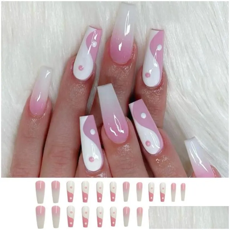 false nails 24pcs/box detachable taiji long coffin wearable ballerina fake full cover nail tips press on with glue