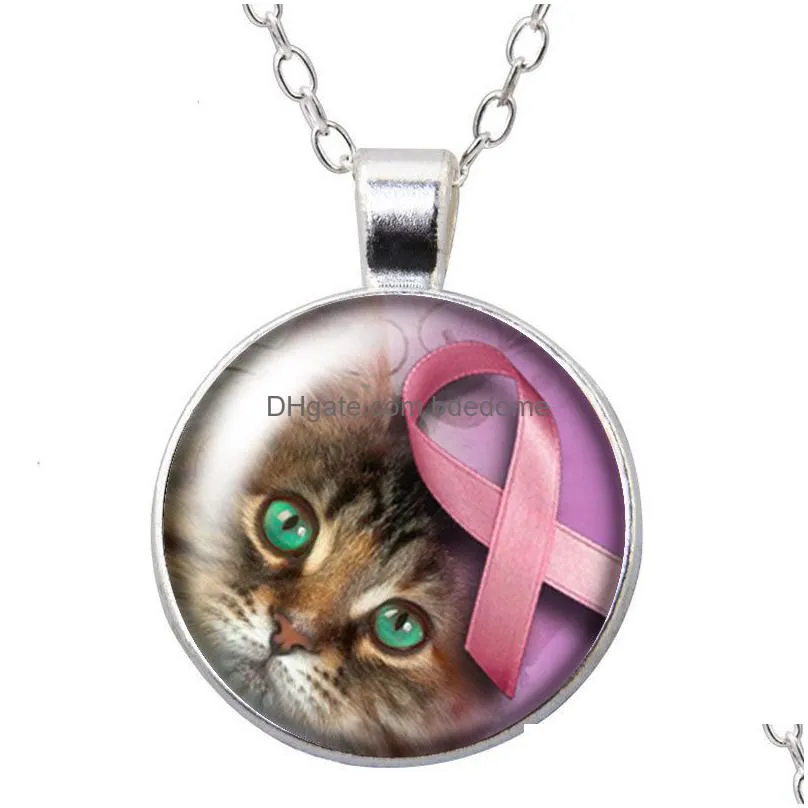 pink ribbon breast cancer prevention round pendant necklace 25mm glass cabochon silver color crystal jewelry women gift 50cm