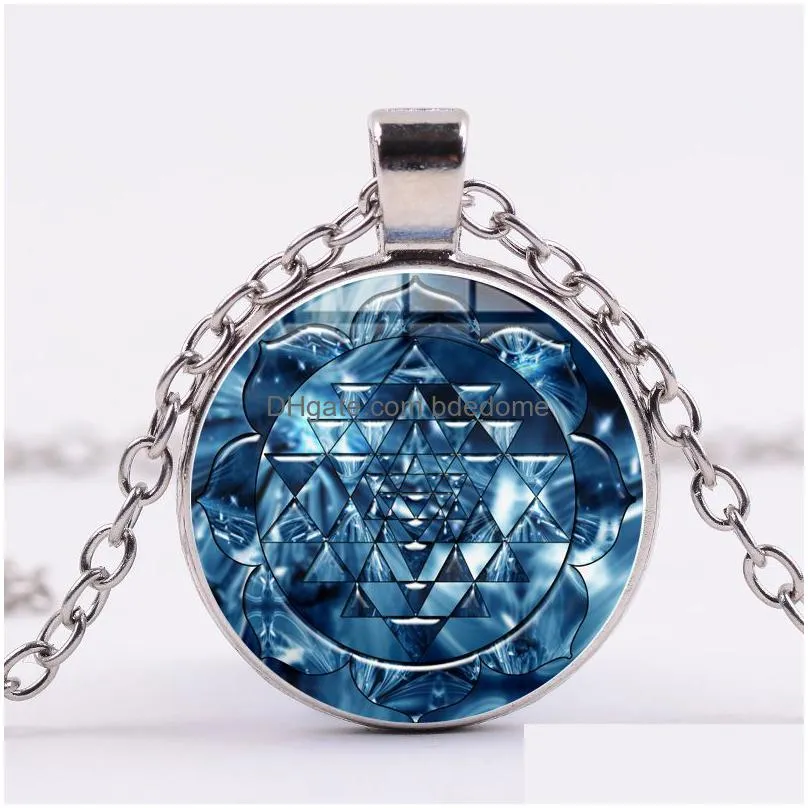 buddhist sri yantra pendant necklace sacred geometry mandala pattern glass long chain chakra spiritual meditation jewelry