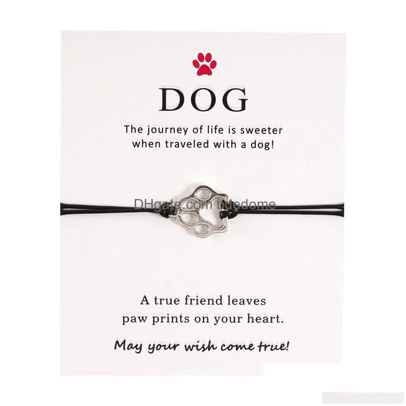 silver malinois dog cat paw connection charms cuff multilayer wax rope animal pet bracelets women men with card bracelet jewelry