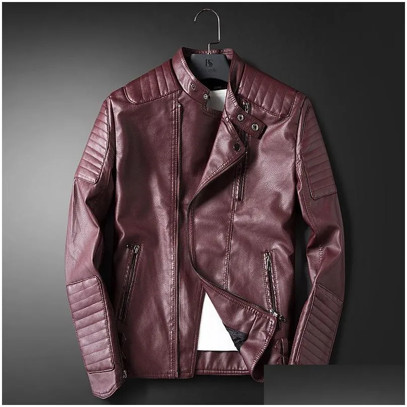 wholesale- ledingsen mens blue motorcycle leather jacket men slim fit red casual jacket coat autumn winter leather clothing