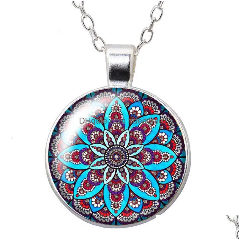 magical colorful patterns flowers love round pendant necklace 25mm glass cabochon silver plated jewelry women birthday gift 50cm