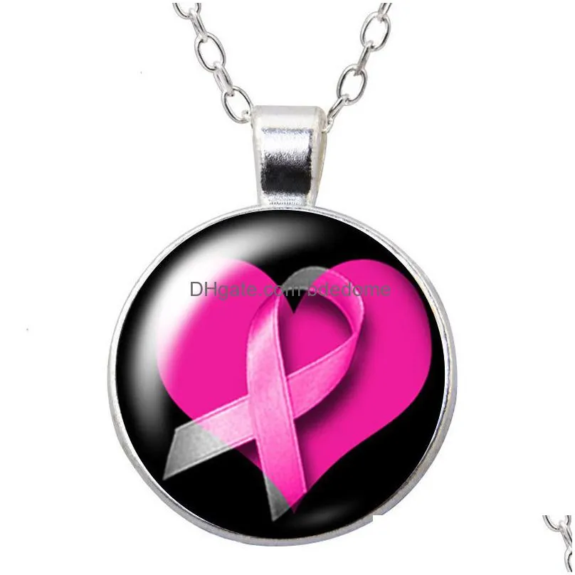 pink ribbon breast cancer prevention round pendant necklace 25mm glass cabochon silver color crystal jewelry women gift 50cm