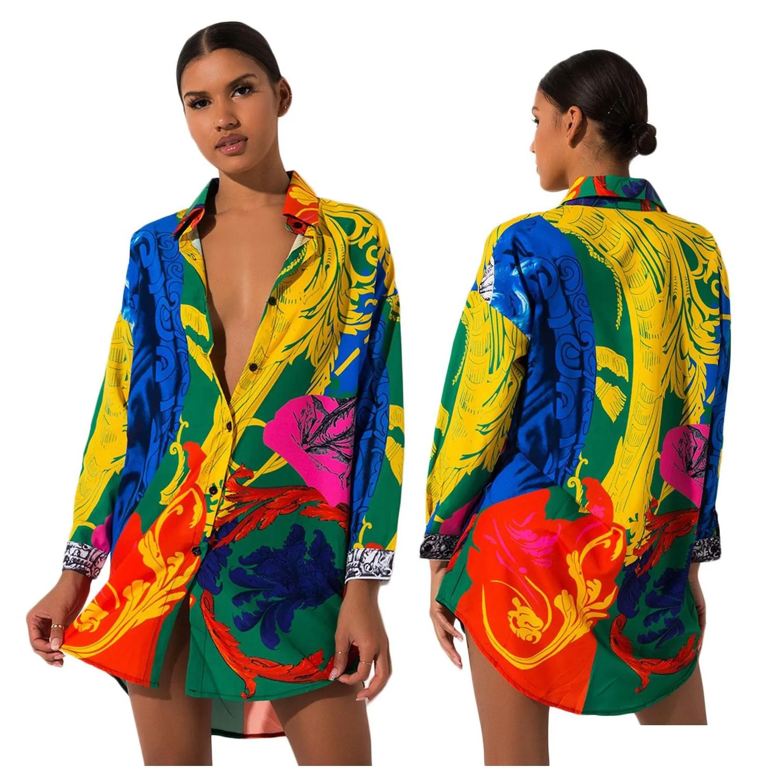 new fashion women shirt dress long sleeve vestidos designer dresses colorful painted one piece wholesale clothing
