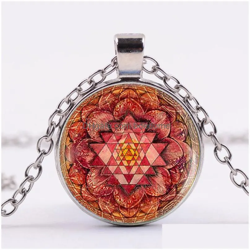 buddhist sri yantra pendant necklace sacred geometry mandala pattern glass long chain chakra spiritual meditation jewelry