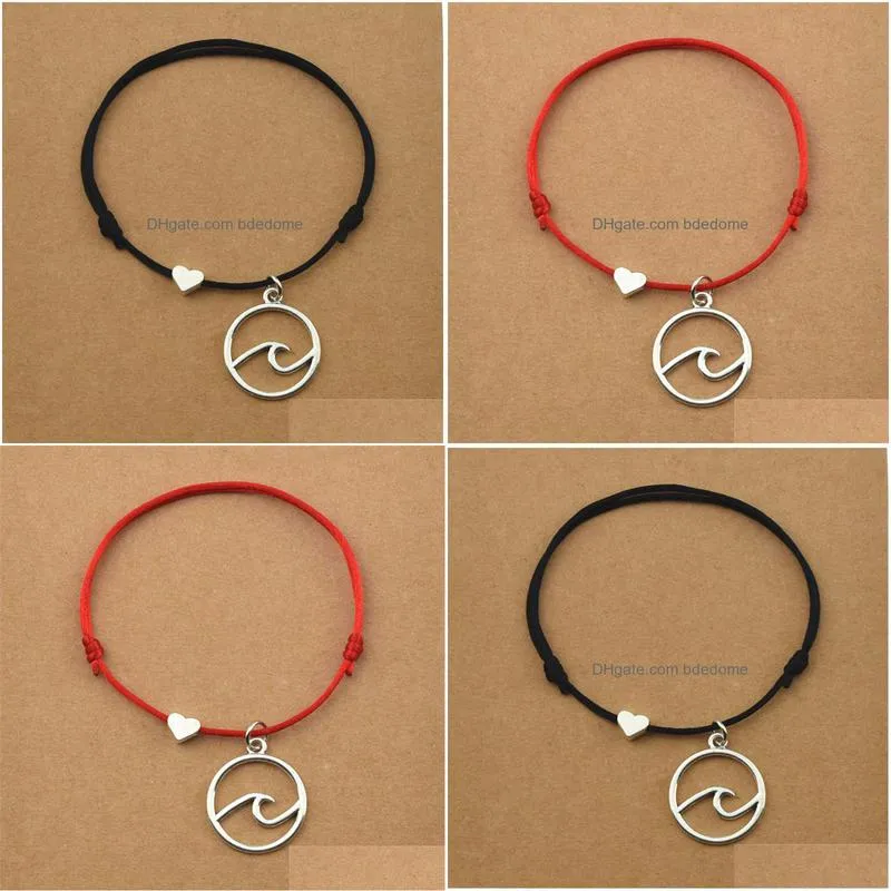fashion red black cord string handmade heart love ocean wave charm friendship bracelets women men beach sailing jewelry gifts