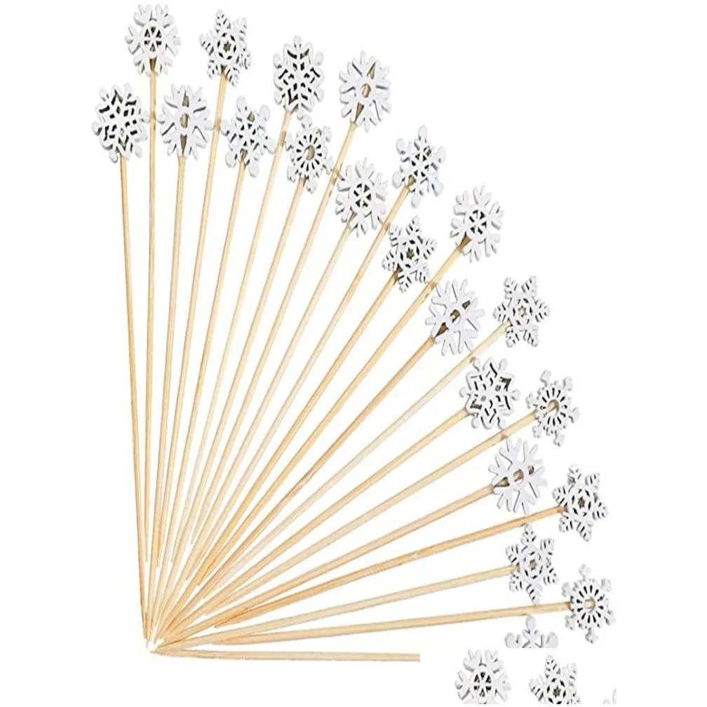 wholesale bar tools 100 pcs/ pack christmas snowflake cocktail picks fruits bamboo toothpicks xmas cake topper pick for drink fruit