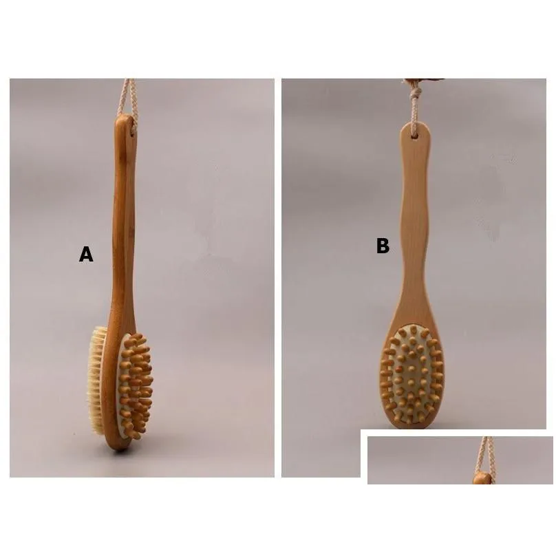  2-in-1 sided natural bristles spa shower brush bath body massage brushes wooden long handle scrubber