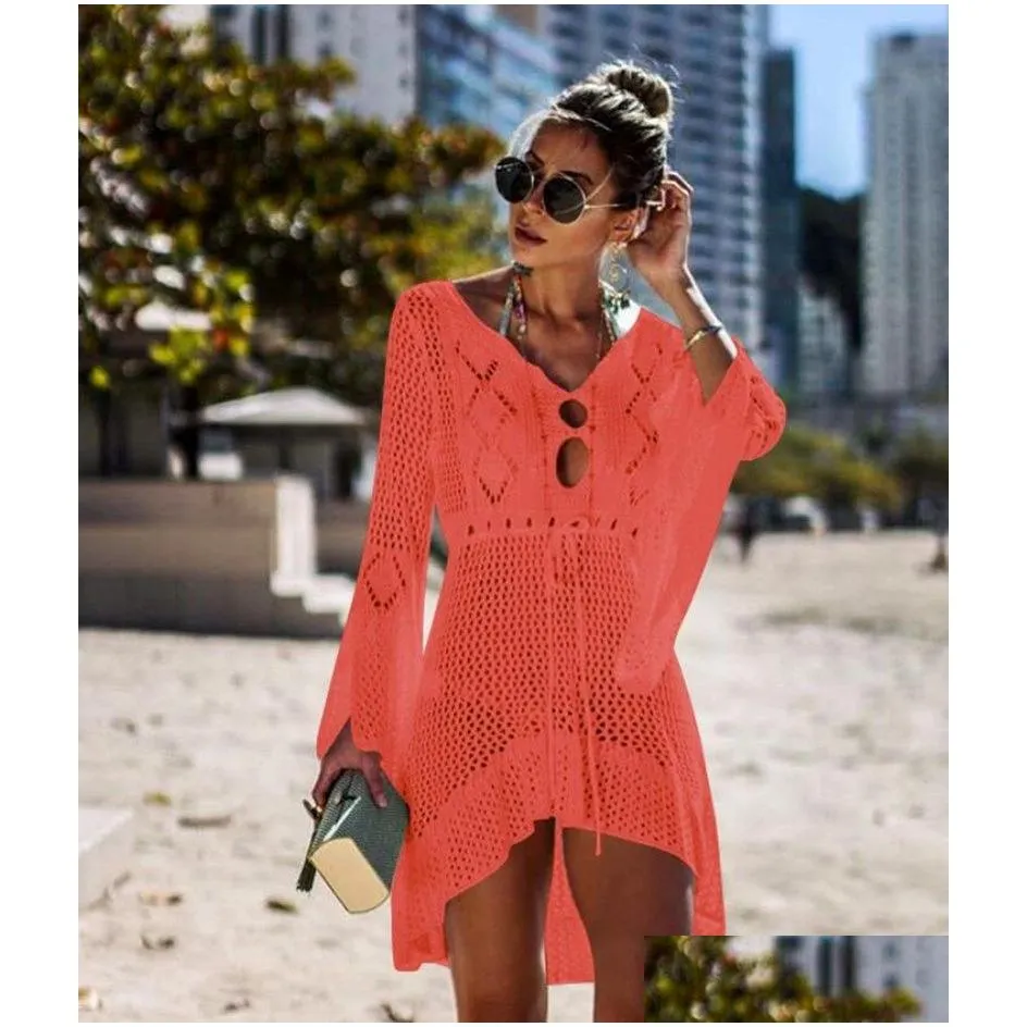  beach cover up cloghet for women knitted tassel tie beachwear summer fashion swimsuit cover up sexy see-through beach dress