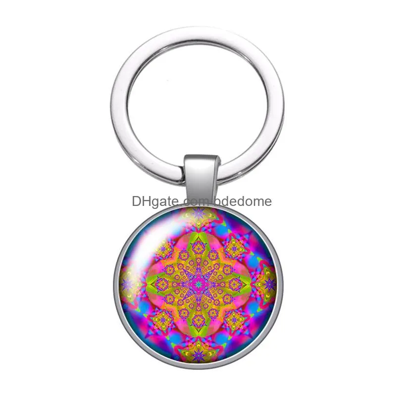 artistic pattern flowers new style glass cabochon keychain bag car key rings holder charms silver plated key chains women gifts