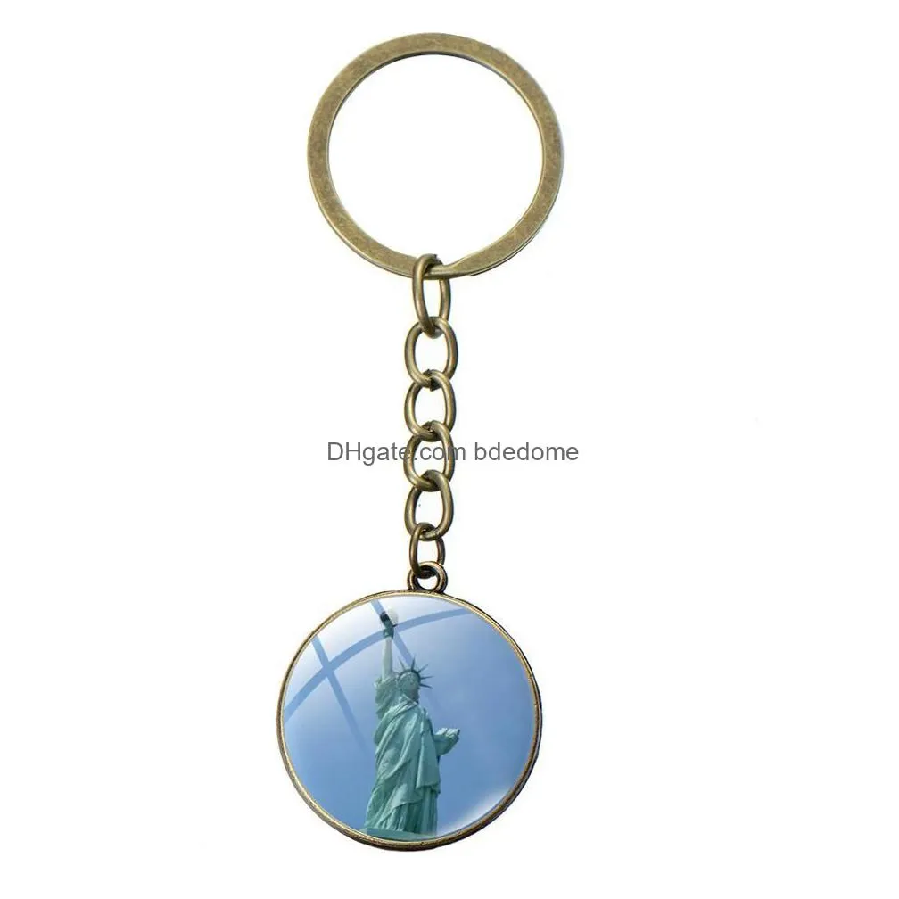new york statue of liberty round glass pendent key chain rings holders men women handmade fashion key chain gifts