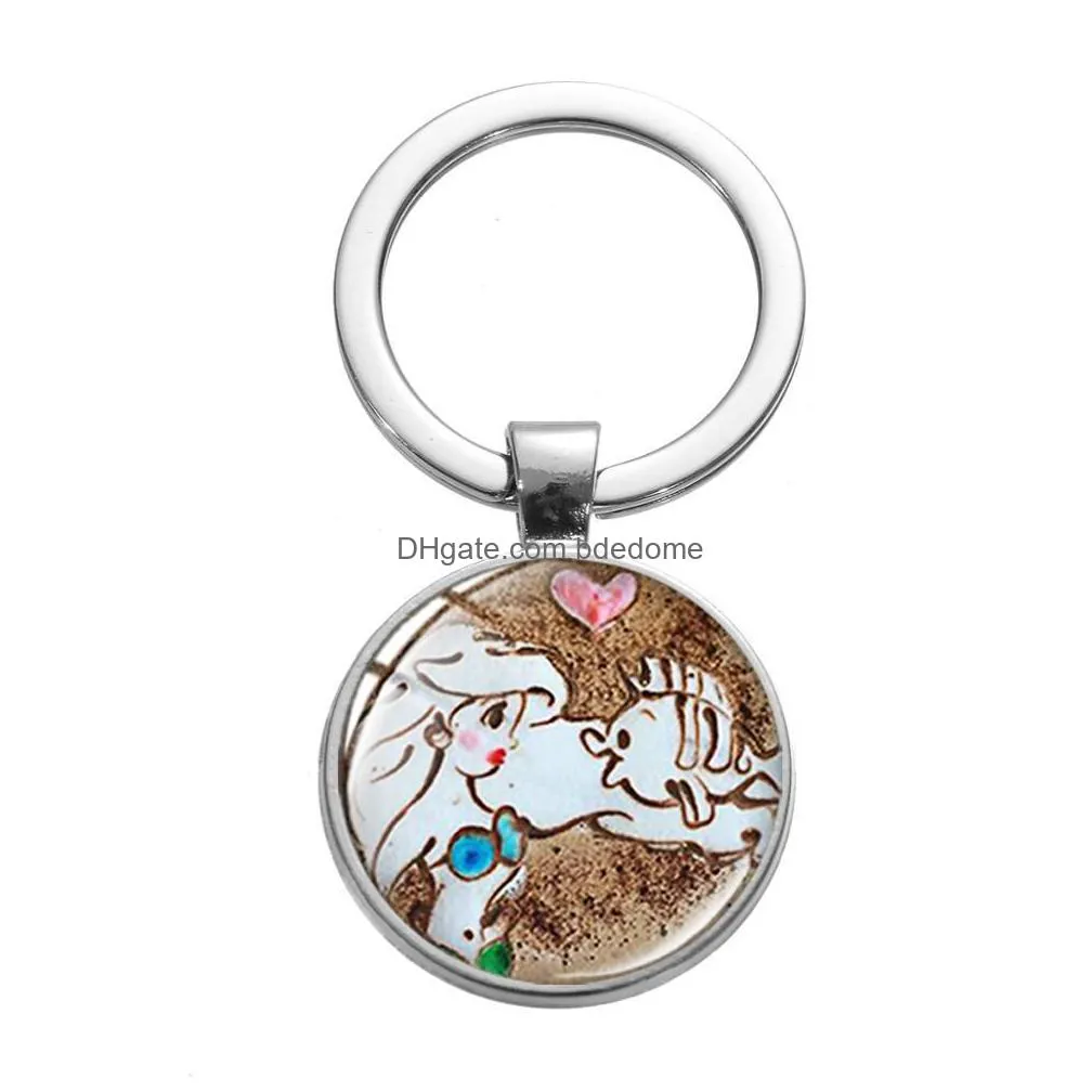 creative coffee latte carving keychain cat animal flower art printing glass crystal key chain exquisite gift for customer