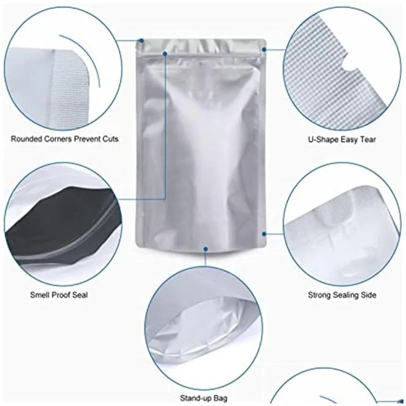 stand up zipper bag silver aluminum foil pouch resealable food storage bags smell proof retail packaging