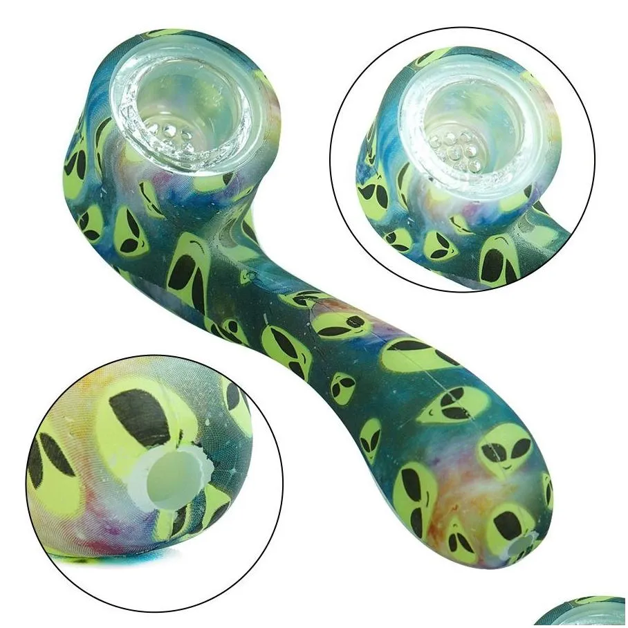 dhs glow in the dark silicone pipes glass pipe for 7 word shape smoking pipes with hidden bowl piece bent spoon type unbreakable