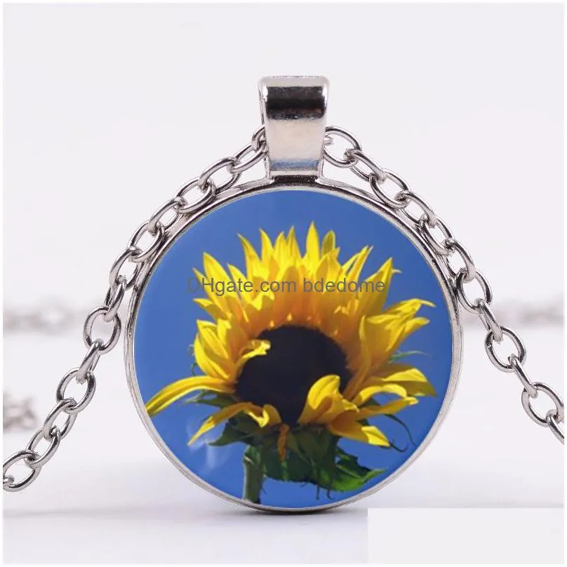 new sunflower chain necklace bright color yellow sun flower art picture glass dome pendant women lucky jewelry gift