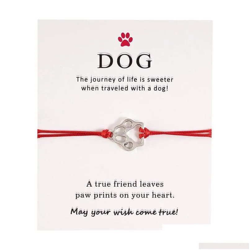 silver malinois dog cat paw connection charms cuff multilayer wax rope animal pet bracelets women men with card bracelet jewelry