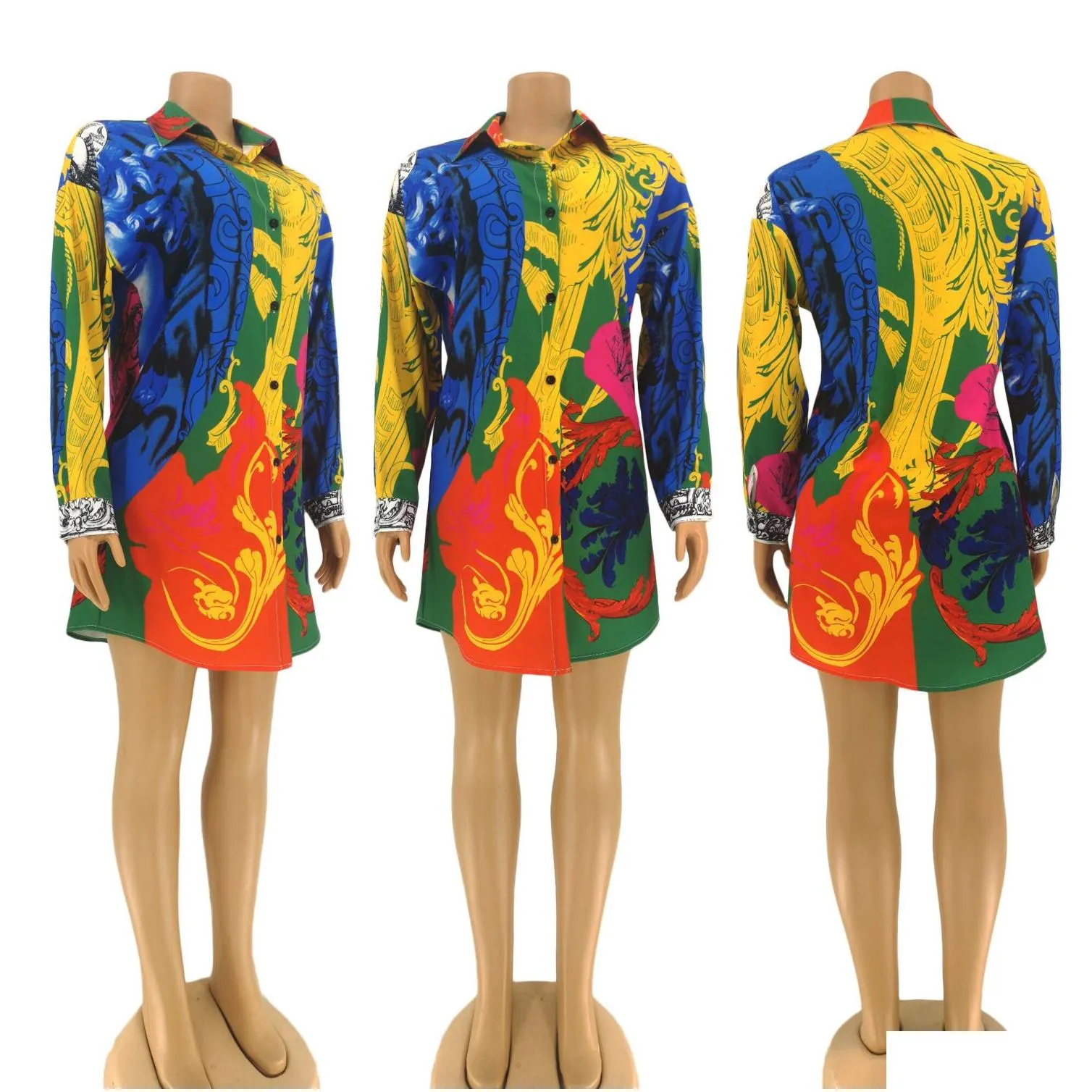 new fashion women shirt dress long sleeve vestidos designer dresses colorful painted one piece wholesale clothing