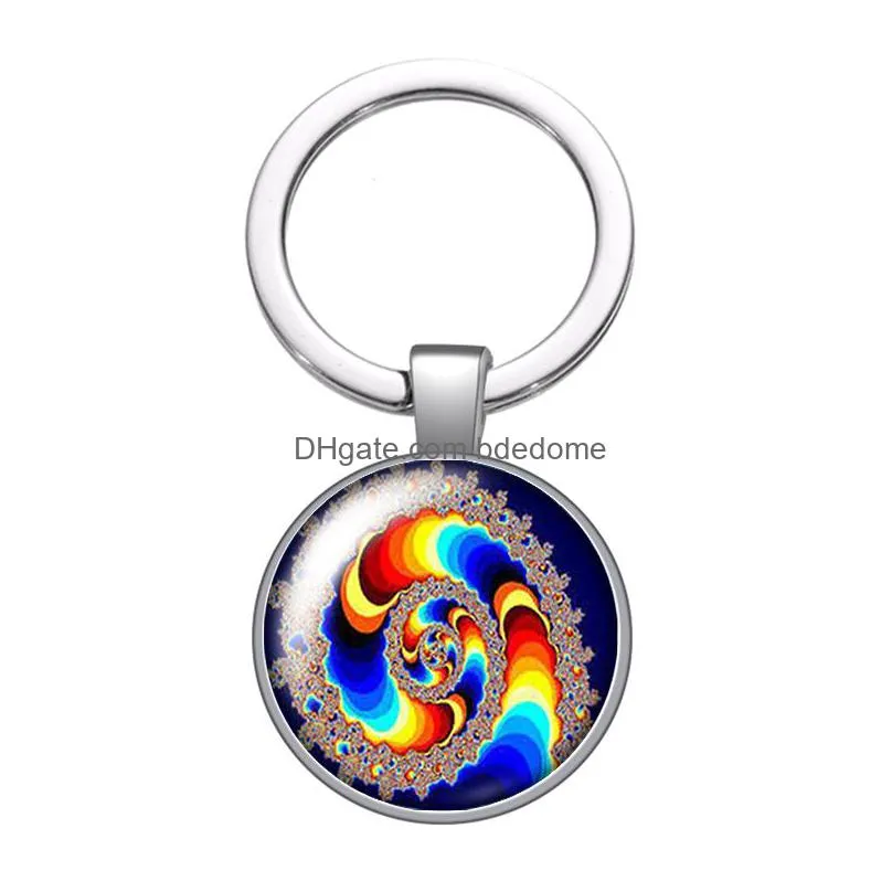 colorful patterns rotating radiant glass cabochon keychain bag car key rings holder silver plated key chains man women gifts