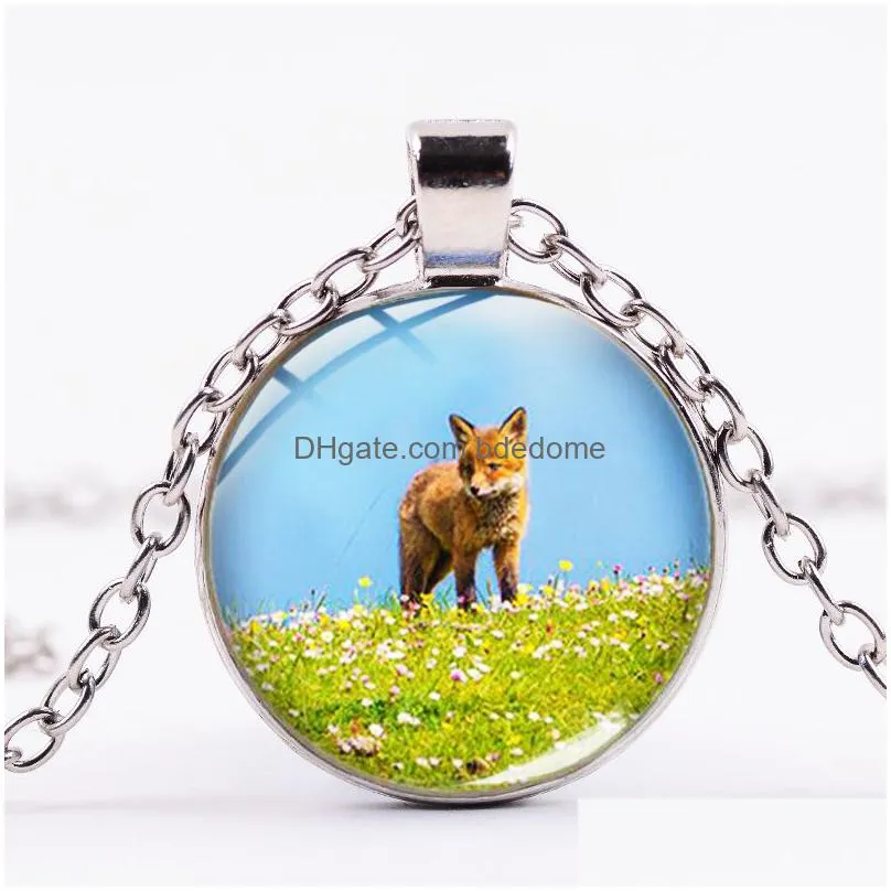 two little cute fox art necklace multistyle patterns fashion fox animal pendant glass silver color chain flower necklaces