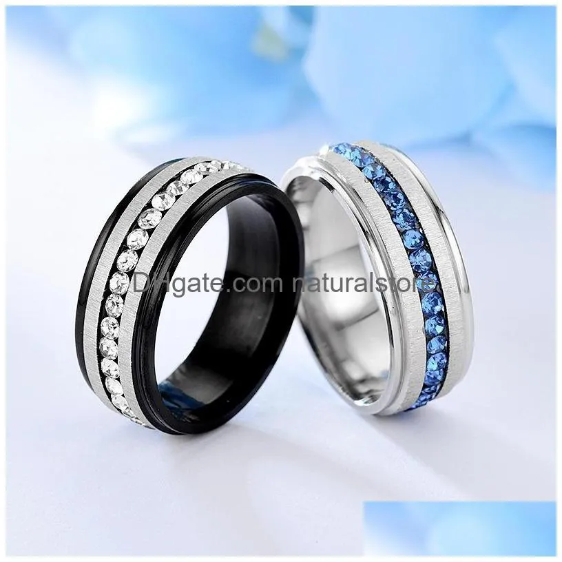stainless steel diamond ring band finger white blue single row crystal engagement wed rings women men fashion jewelry will and sandy