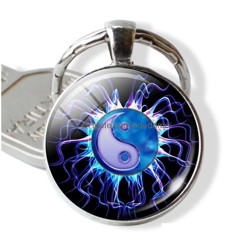 art tai chi glass cabochon pendant key chain yin yang jewelry fashion metal keychain for men women birthday gift