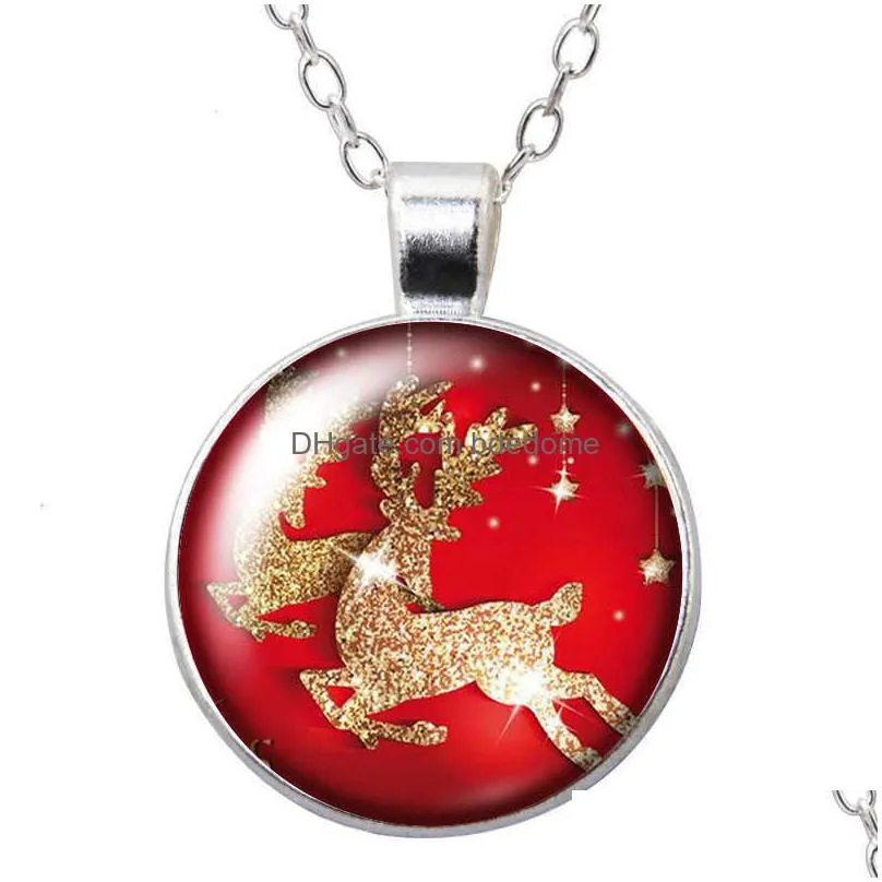 christmas reindeer bells round pendant necklace 25mm glass cabochon silver plated/crystal jewelry women girl birthday gift 50cm