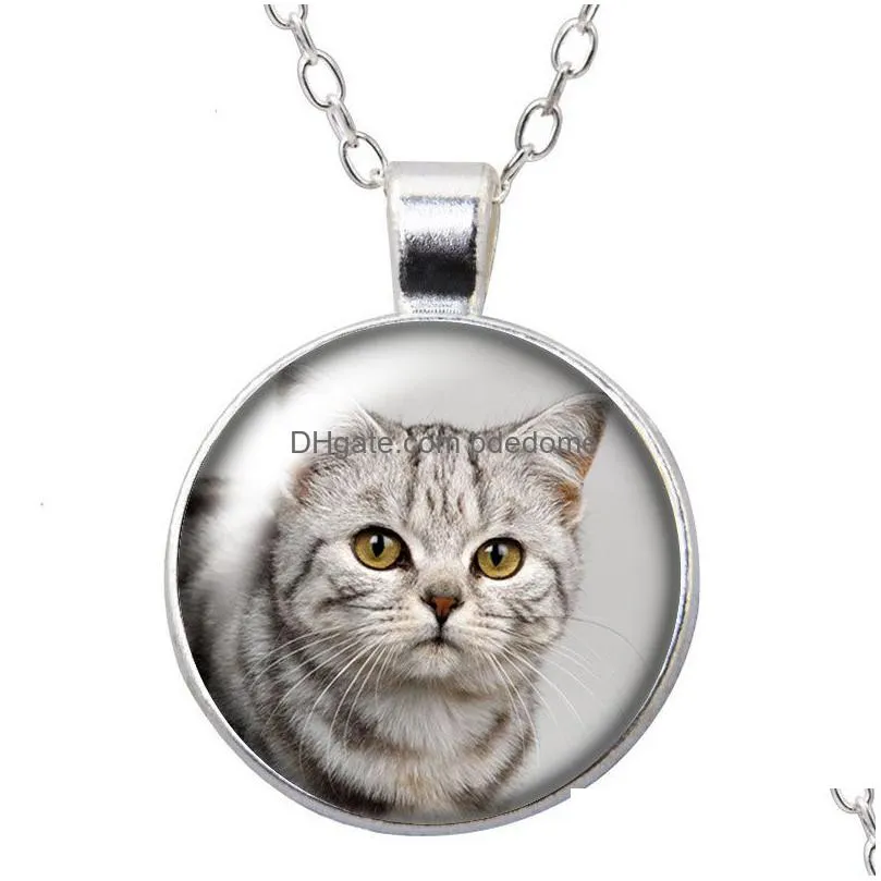 love cat love pet cats animals round pendant necklace 25mm glass cabochon silver plated jewelry women party birthday gift 50cm