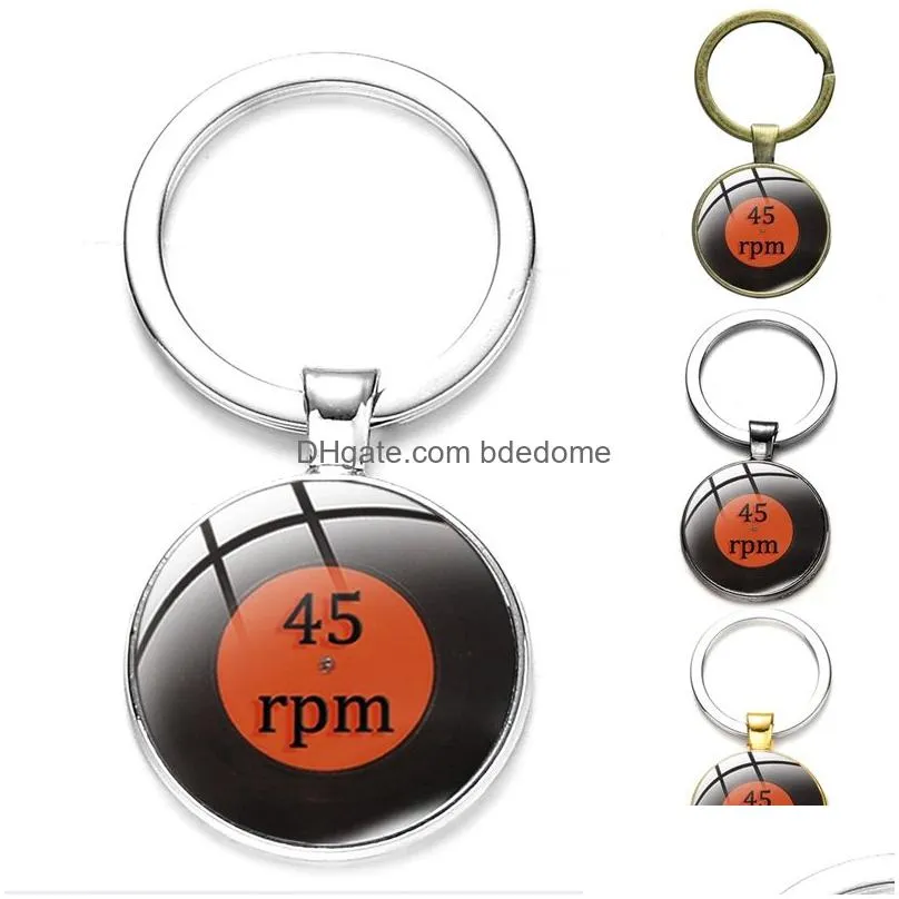 cartoon retro vinyl record glass art picture keychain gramophone record key chain ring old rock music jewelry musician best gift