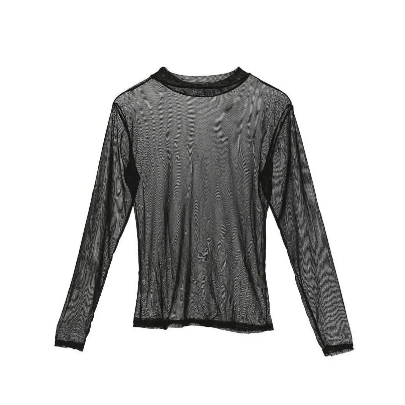 womens t-shirt women top sheer fashion y womens ladies t-shirts long sleeve see-through clubwear tulle mesh black pink red