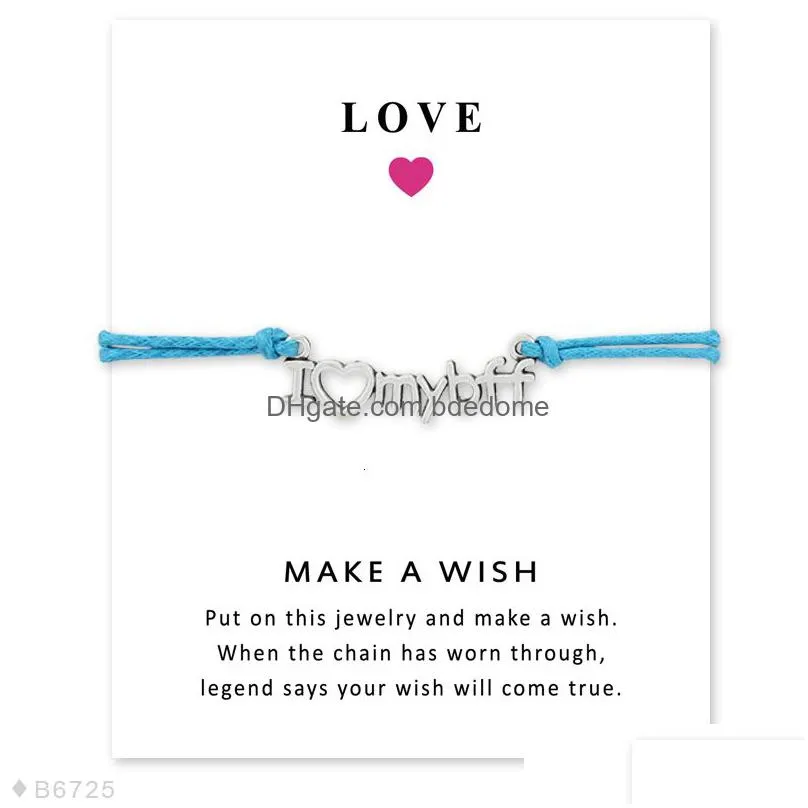 hope faith love best friend forever charm card bracelets pink gray blue wax cords women men girl jewelry gift drop shipping