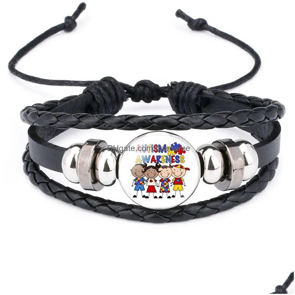 autism mom awareness bracelet for children handmade knitted leather puzzle charm bracelet boy girl wristband jewelry