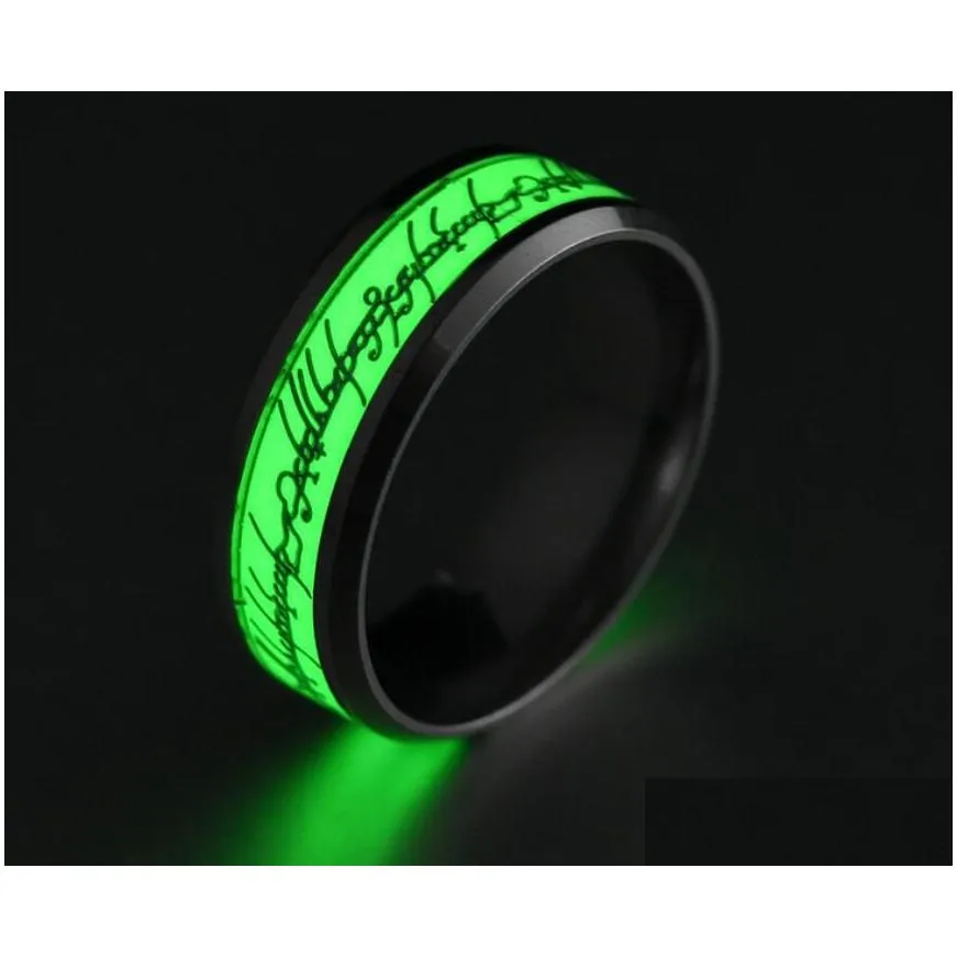 new stainless steel the lord of ring fluorescent glowing logo finger rings glow in the dark gold silver pattern rings lort drop