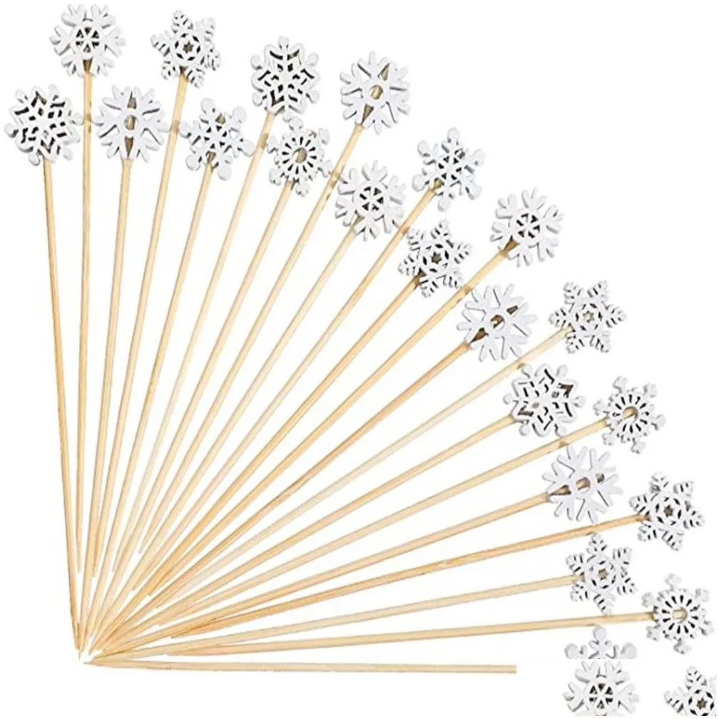 wholesale bar tools 100 pcs/ pack christmas snowflake cocktail picks fruits bamboo toothpicks xmas cake topper pick for drink fruit