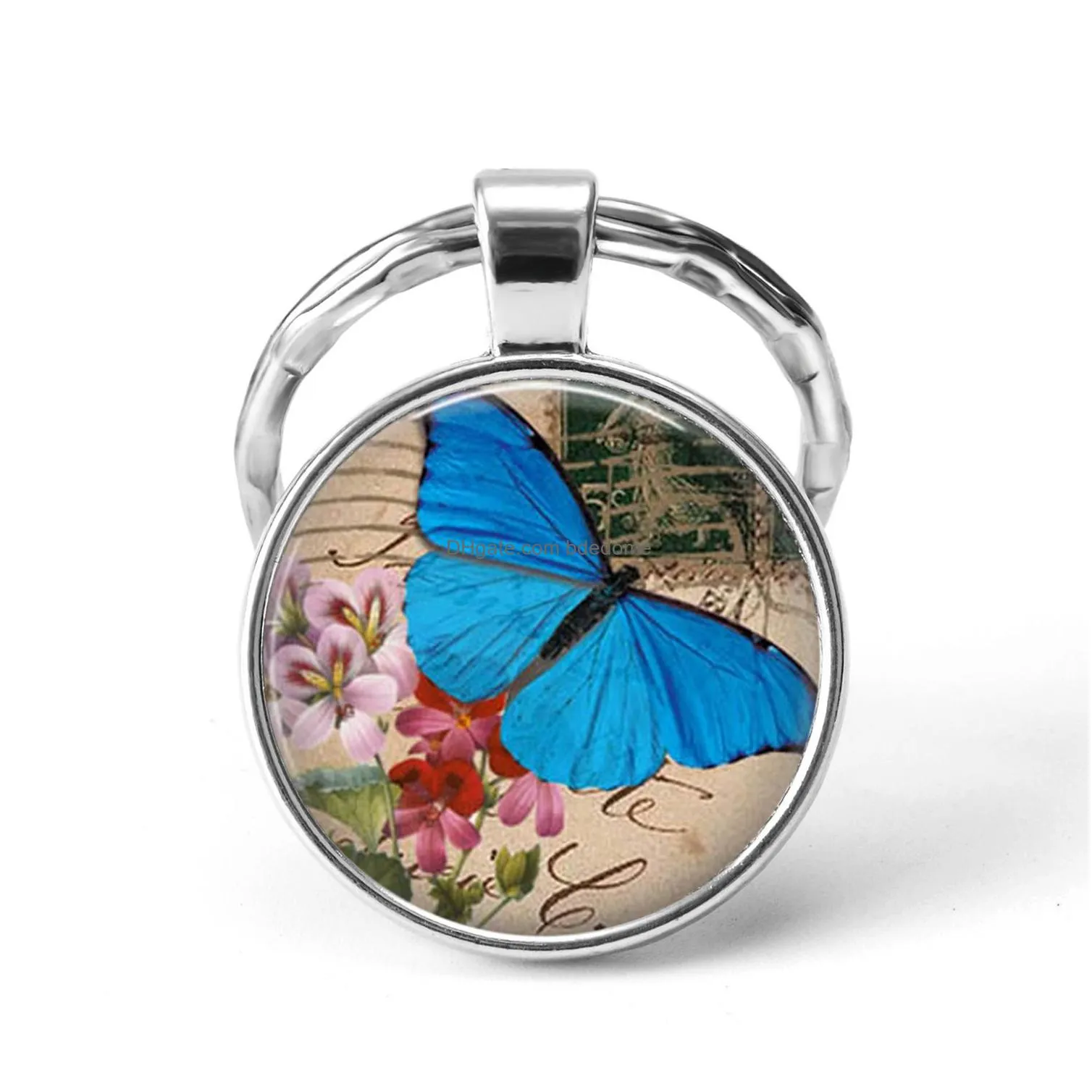 butterfly key chains animal pendant key ring holder art photo glass cabochon pendent silver keychain fashion jewelry gift