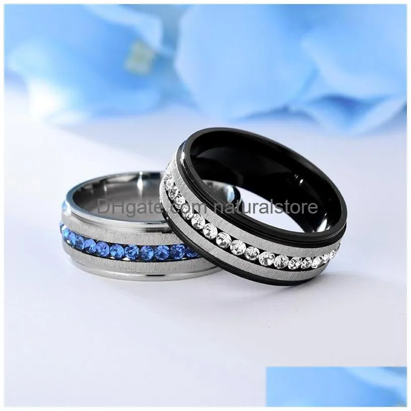 stainless steel diamond ring band finger white blue single row crystal engagement wed rings women men fashion jewelry will and sandy