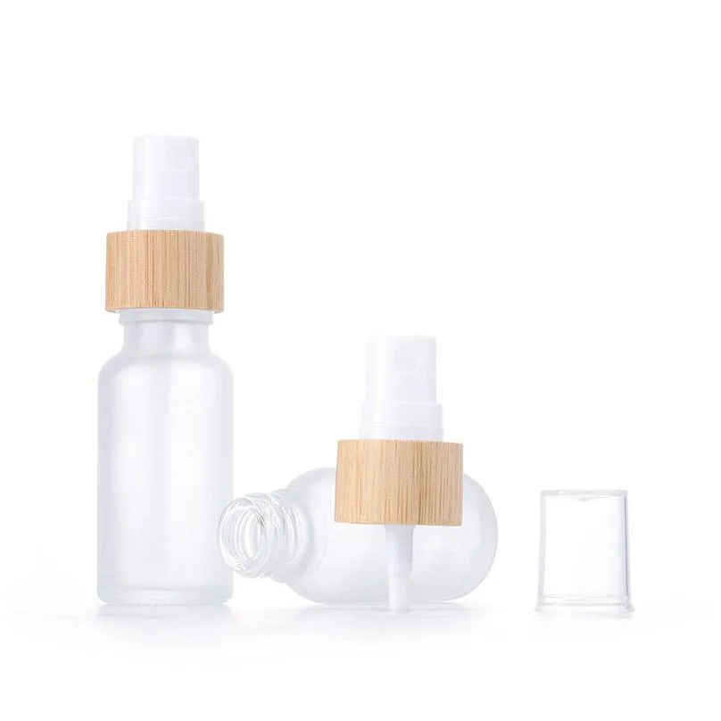 wooden natural bamboo cap glass bottle cosmetic transparent frosted spray pump packaging container