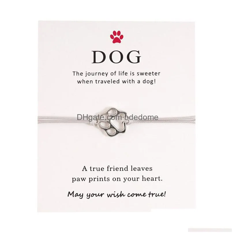 silver malinois dog cat paw connection charms cuff multilayer wax rope animal pet bracelets women men with card bracelet jewelry