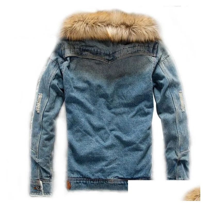 mens designer jackets vintage ripped black blue denim  shirts male female winter jacket casual fur collar coat