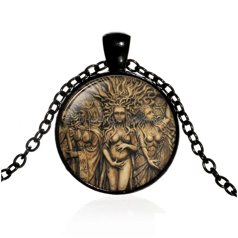 retro triple moon goddess necklace wicca pentagram tree of life glass long chain necklace magic amulet protection jewelry