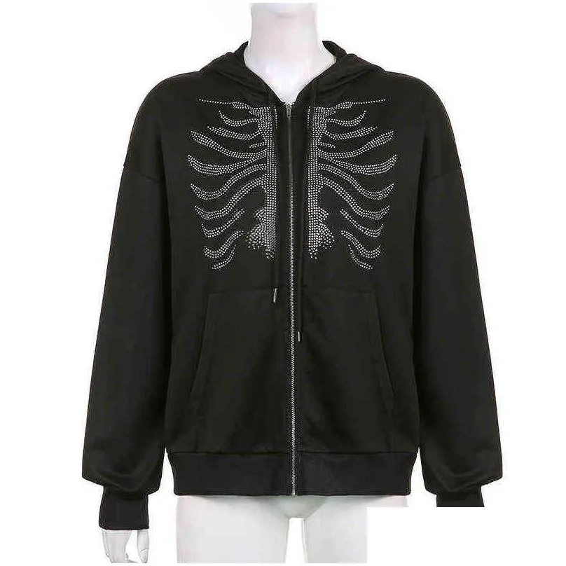 mens hoodies sweatshirts rhinestones spider web skeleton print black y2k goth long-sleeve full zip hoodies oversized jacket american fashion -selling