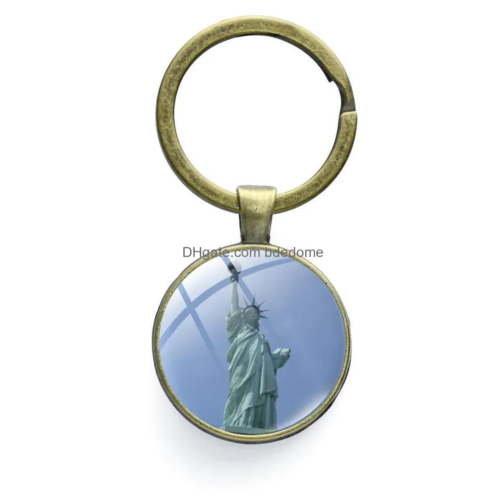  statue of liberty round glass pendent key chain rings holders men women handmade fashion key chain gifts