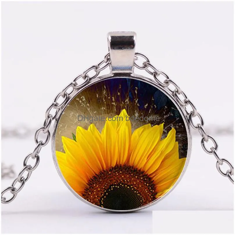 new sunflower chain necklace bright color yellow sun flower art picture glass dome pendant women lucky jewelry gift