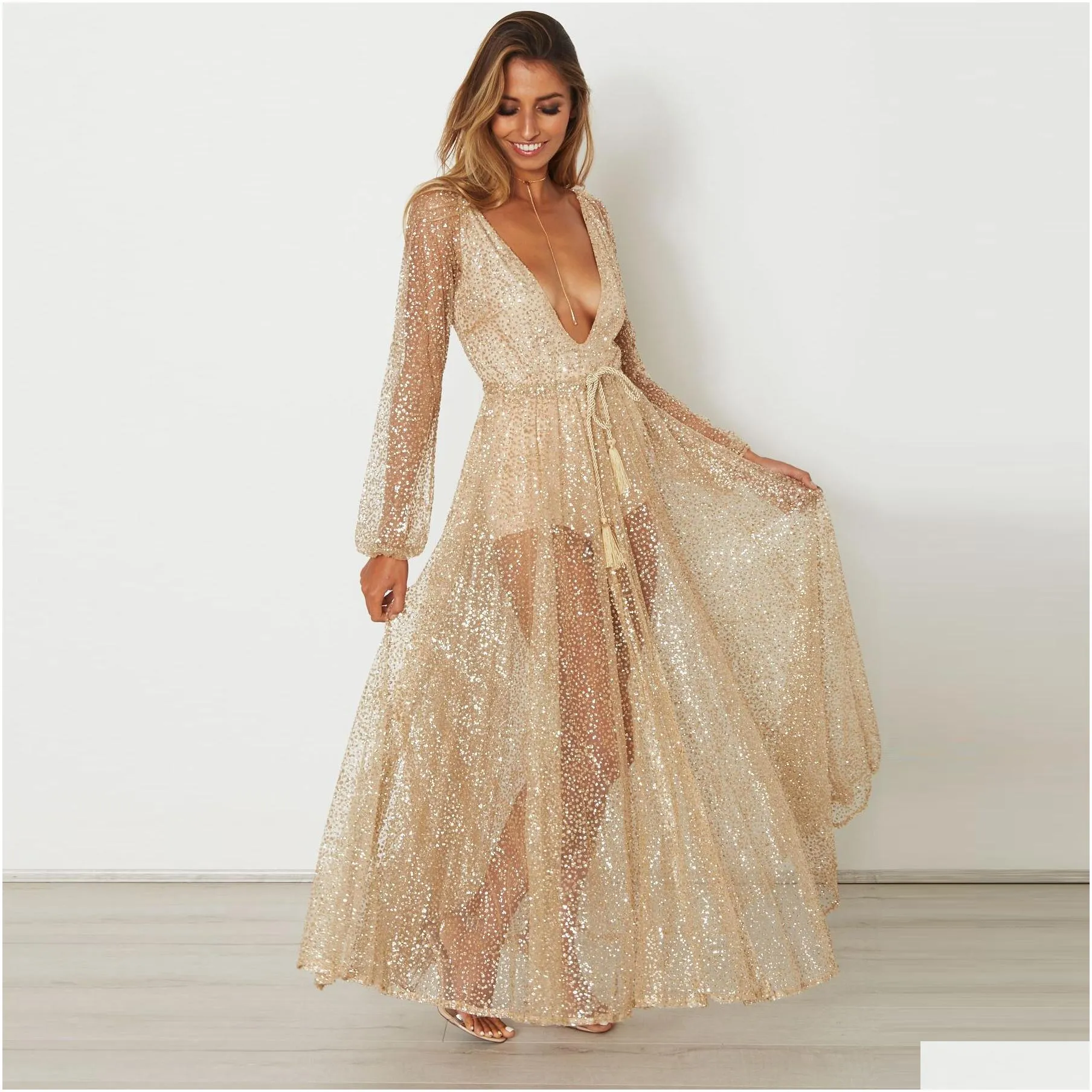 lady evening party long dress with rhinestone gold maxi dress long sleeves mesh y deep v-neck clothing