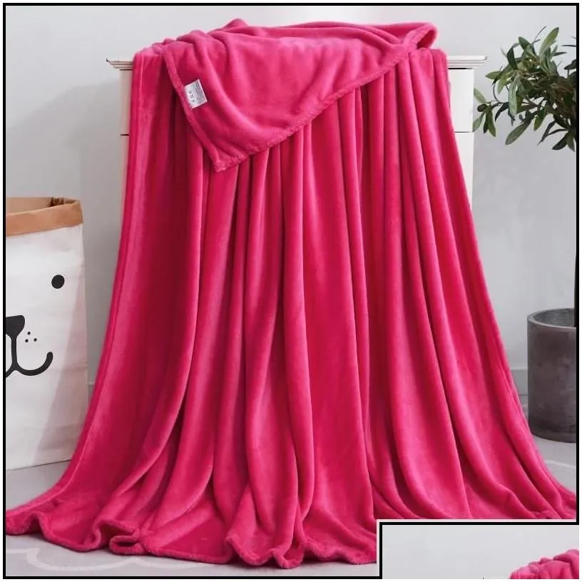 Blankets Coral Fleece Blanket Solid Color Flannel Winter Warm Soft Bedroom Throw Portable Light Weight Quilt Drop Delivery Home Gard