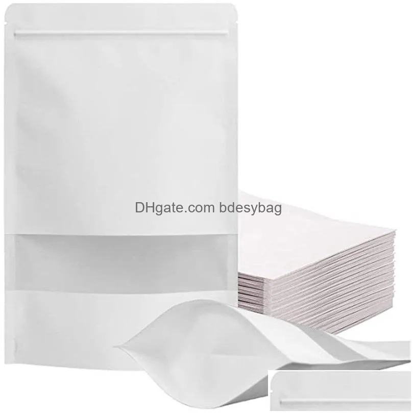 100pcs/lot kraft zipper stand up bag reclosable white paper bags for food storage with matte window pouch