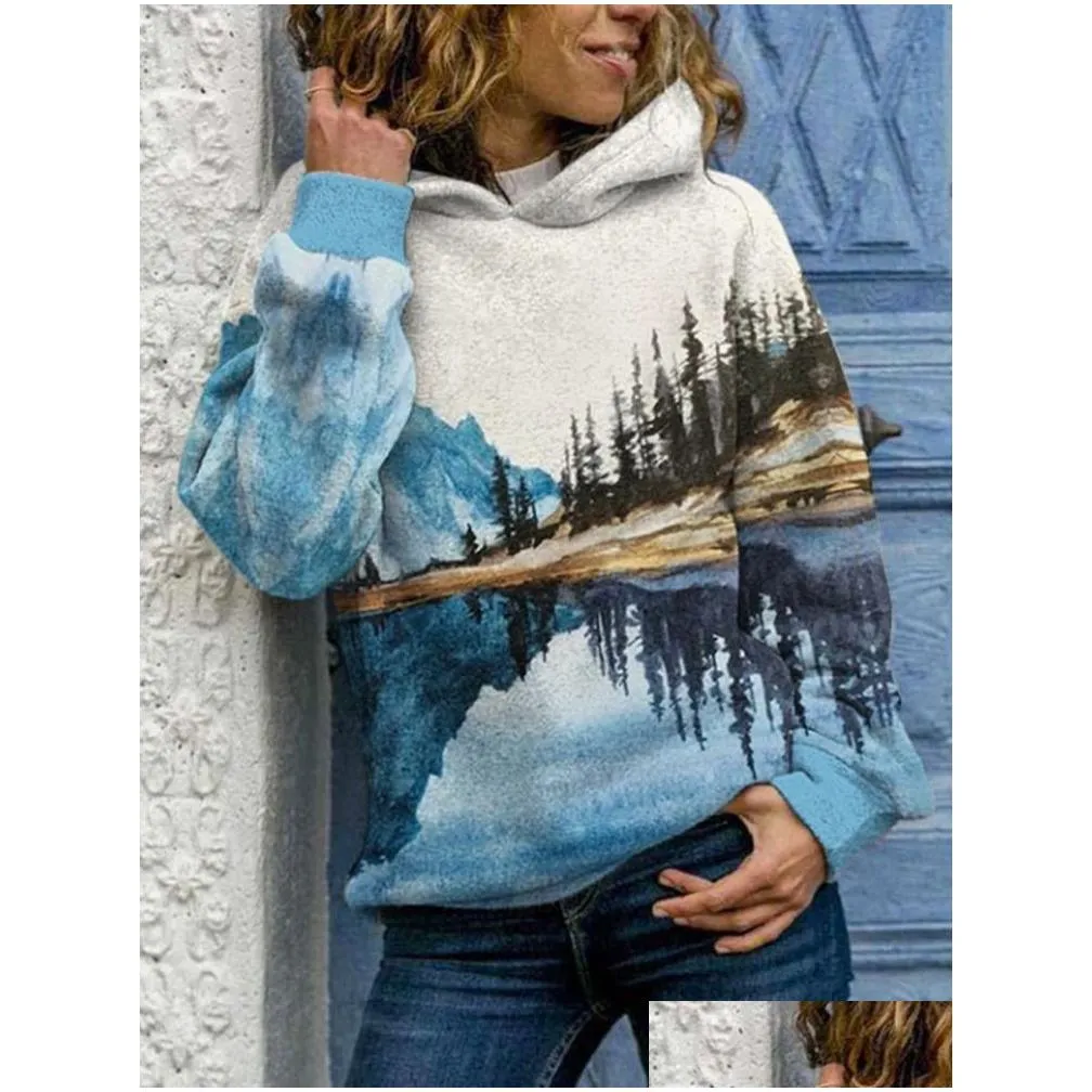 womens round neck casual hoodie sweatshirt long sleeve mountain landscape printed plus size tops t-shirts autumn and winter 220321