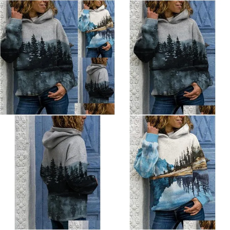 womens round neck casual hoodie sweatshirt long sleeve mountain landscape printed plus size tops t-shirts autumn and winter 220321