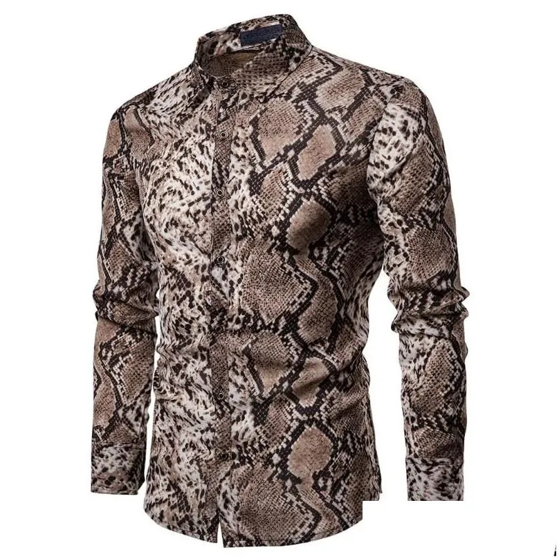 fashion trend mens long sleeve button shirt tops slim fit unique stylish snake skin pattern shirts pre-fall clothes