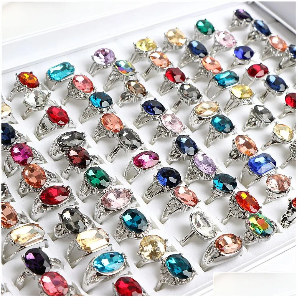 wholesale 50pcs/lot fashion colorful glass imitation gemstone rings for women mix color party gifts jewelry